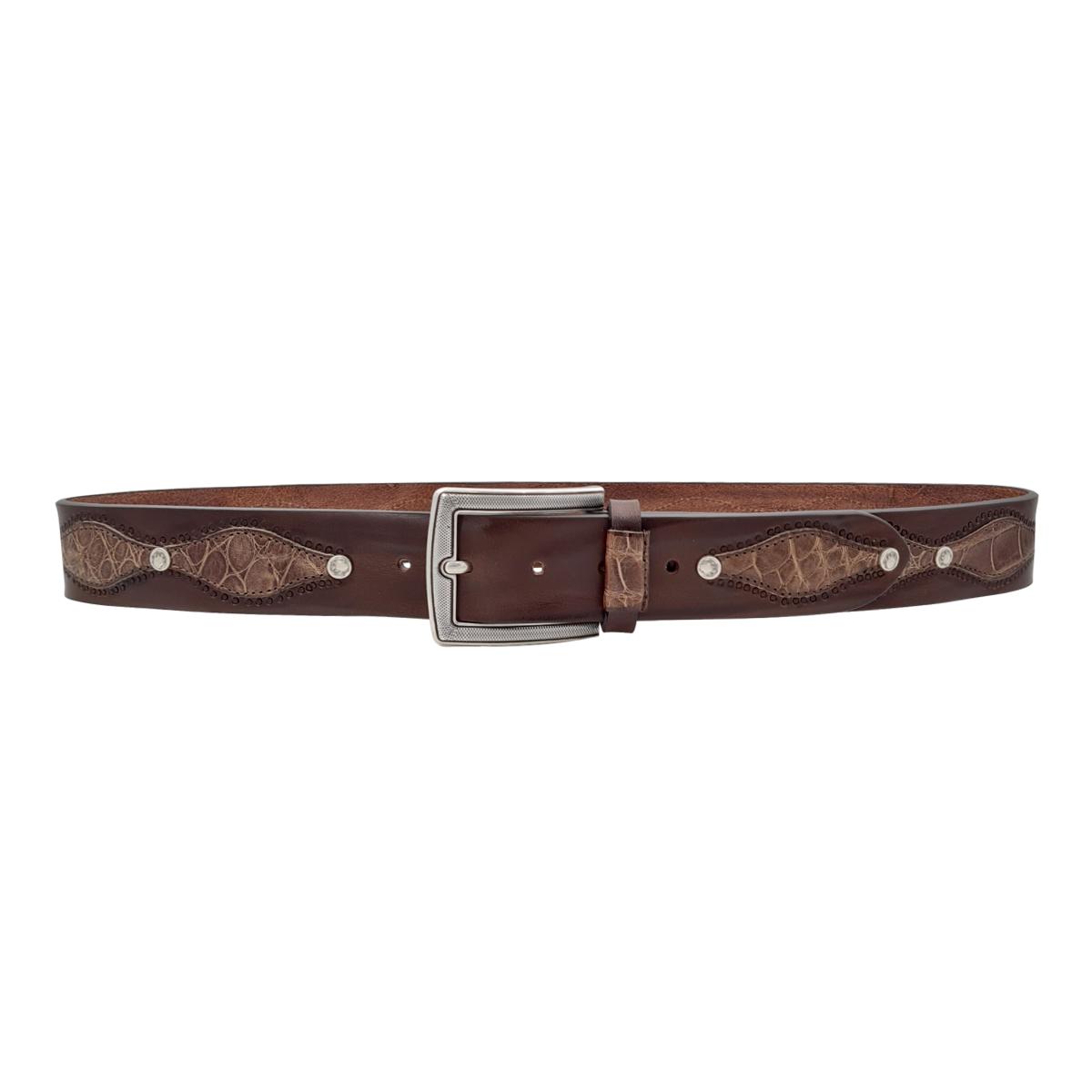 Cintura 4 cm in vero cuoio e vero coccodrillo con borchie metalliche e fibbia intarsiata. - ESPERANTOBELTS