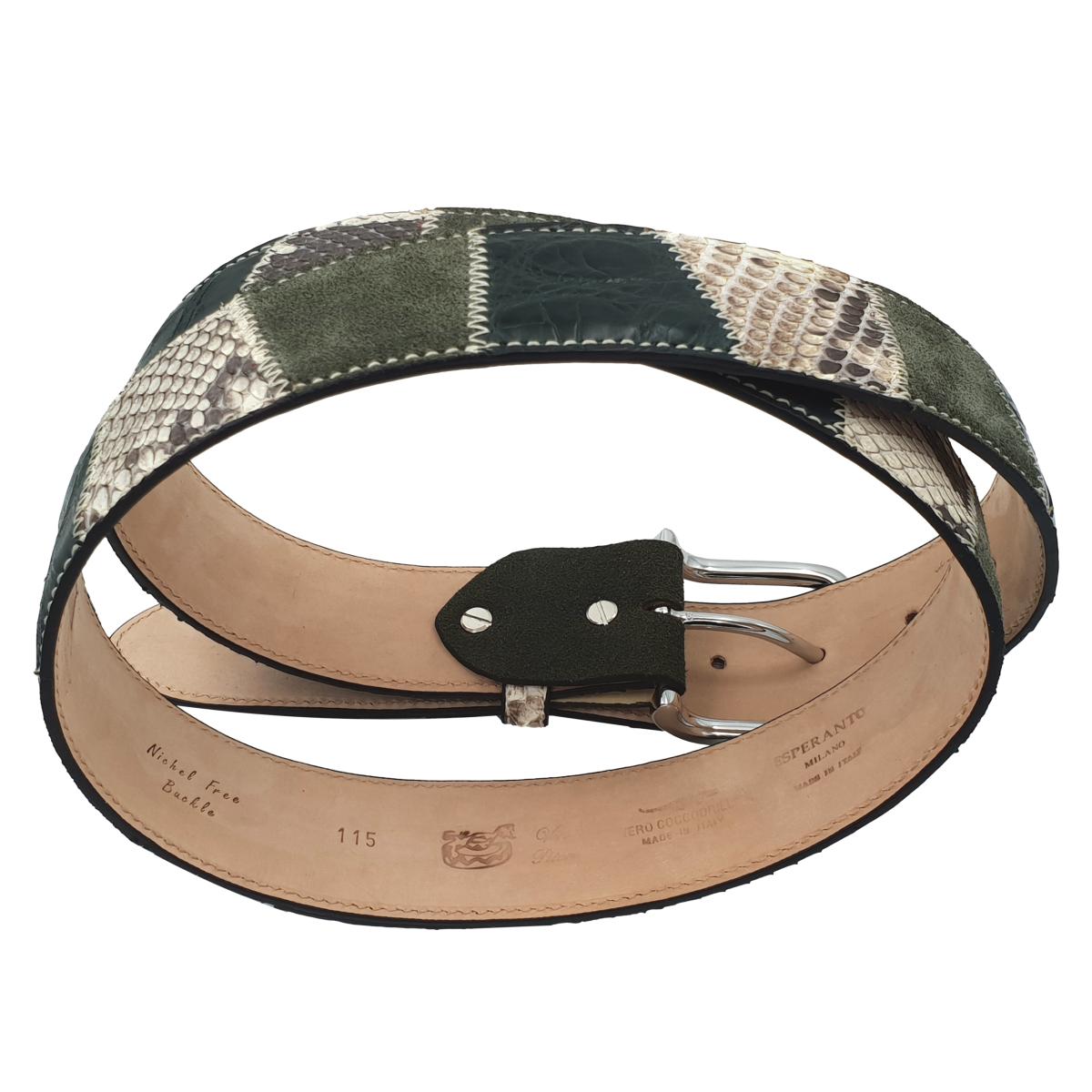 Cintura Verde Militare 4 cm in  pitone , coccodrillo e Pelle scamosciata - fibbia anallergica