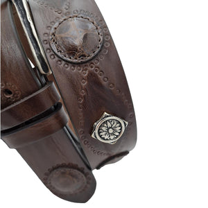 Cintura 4 cm in vero cuoio con borchie metalliche e decori circolari in vero coccodrillo