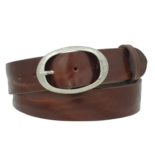 Cintura in vero cuoio di toro Plissettato 4 cm con fibbia intera Ovale Argento Antico