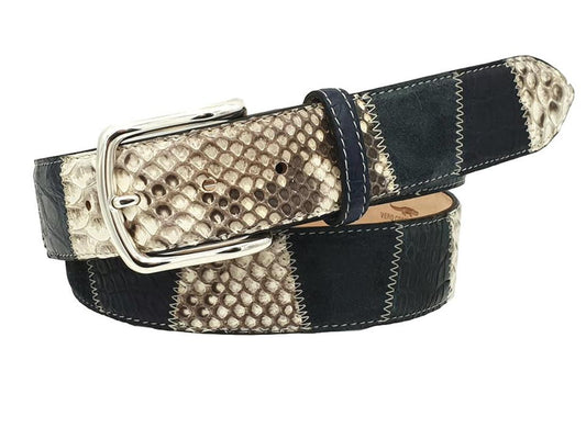 Cintura Blu 4 cm in Vero pitone, vero coccodrillo e pelle scamosciata con fibbia anallergica