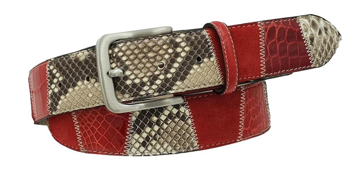 Cintura Rossa 4 cm con Vero pitone, Vero coccodrillo e Pelle scamosciata con fibbia anallergica