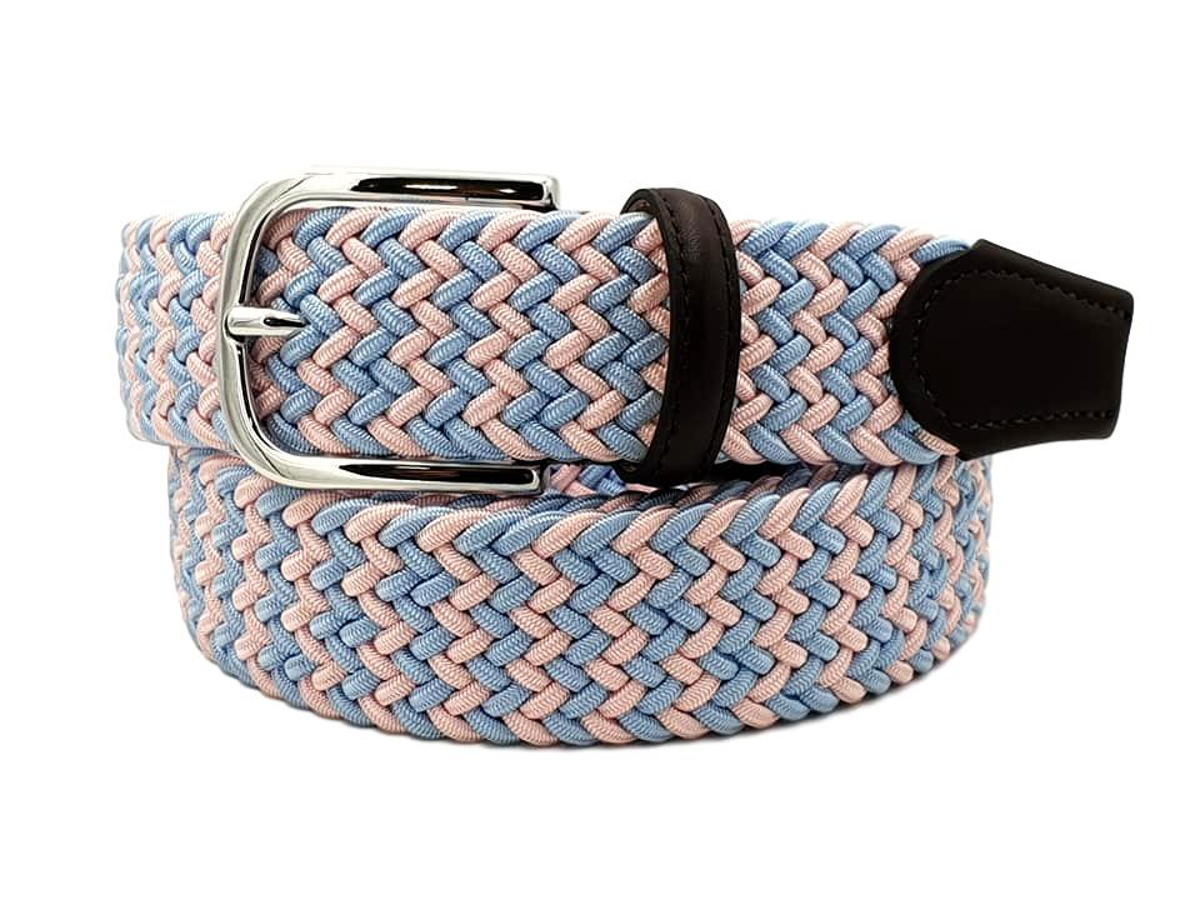 Cintura elastica intrecciata 3,5 cm Bicolore  in viscosa e Pelle e fibbia anallergica - Avio/Rosa