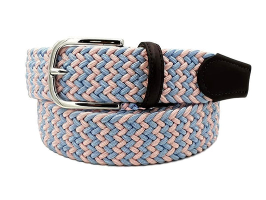 Cintura elastica intrecciata 3,5 cm Bicolore  in viscosa e Pelle e fibbia anallergica - Avio/Rosa