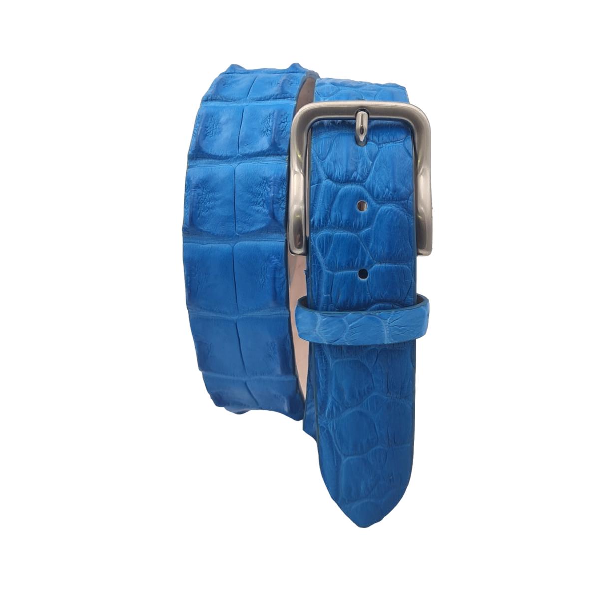 Cintura 4 cm in vera Schiena di Coccodrillo con fodera Nabuk e Fibbia anallergica - Azzurro Elettrico