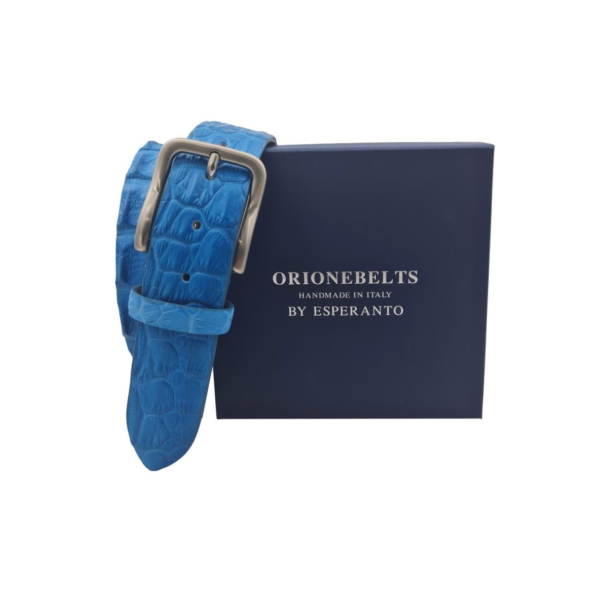 Cintura 4 cm in vera Schiena di Coccodrillo con fodera Nabuk e Fibbia anallergica - Azzurro Elettrico