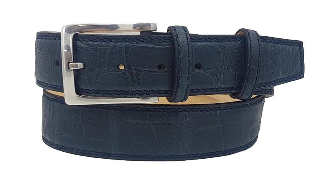 Cintura 4 cm in Coccodrillo Blu Opacizzato con fodera nabuk, doppia cucitura e fibbia Nichel free - ESPERANTOBELTS