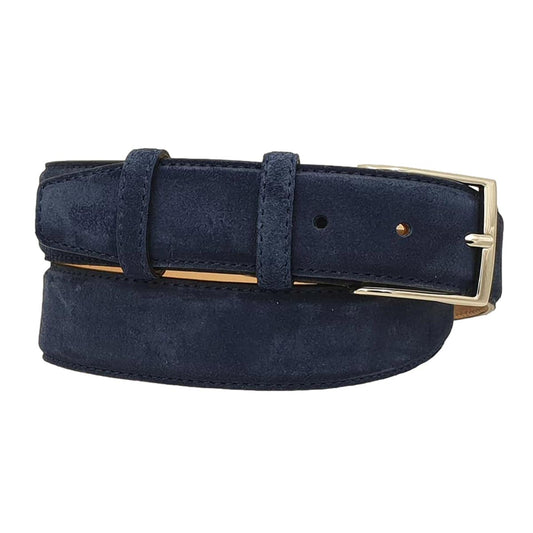 Cintura Uomo 3,5 cm in Pelle Scamosciata , fodera in pelle e fibbia anallergica - Blu Chiaro