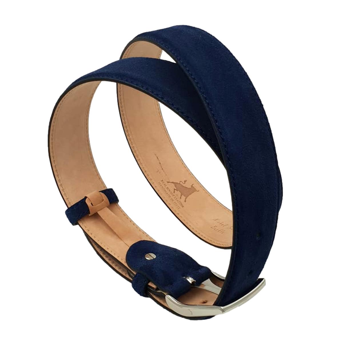 Cintura Uomo 3,5 cm in Pelle Scamosciata , fodera in pelle e fibbia anallergica - Blu Chiaro