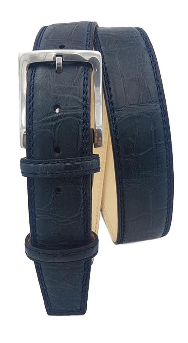 Cintura 4 cm in Coccodrillo Blu Opacizzato con fodera nabuk, doppia cucitura e fibbia Nichel free - ESPERANTOBELTS