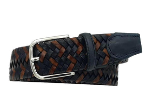 Cintura elasticizzata in vero cuoio intrecciato altezza 3,5 cm con fibbia anallergica - Blu/marrone