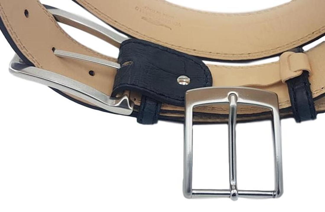 Cintura 4 cm in Coccodrillo Blu Opacizzato con fodera nabuk, doppia cucitura e fibbia Nichel free - ESPERANTOBELTS