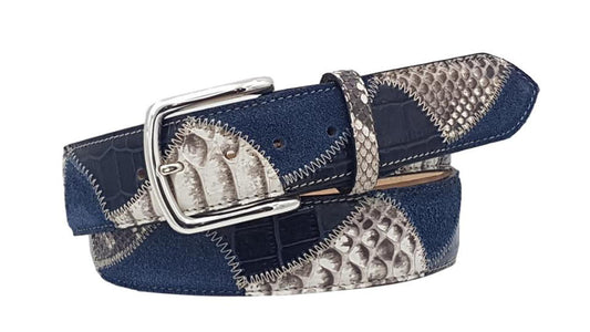 Cintura 4 cm in Pitone, Scamosciato e Pelle stampata Coccodrillo con fibbia anallergica - Blu