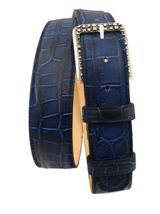 Cintura 4 cm in Coccodrillo Blu Sfumato con fibbia Lavorata e fodera Nabuk
