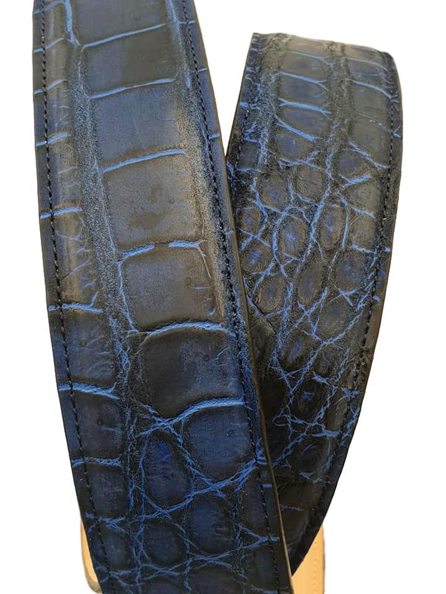 Cintura 4 cm in Coccodrillo Blu Sfumato con fibbia Lavorata e fodera Nabuk