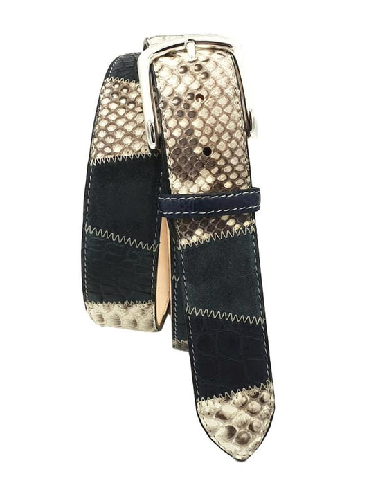 Cintura Blu 4 cm in Vero pitone , vero coccodrillo e pelle scamosciata con fibbia Nichel free - ESPERANTOBELTS