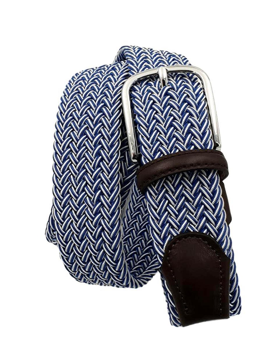 Cintura elastica intrecciata 3,5 cm con finiture in Pelle e fibbia anallergica - Avio / Bianco