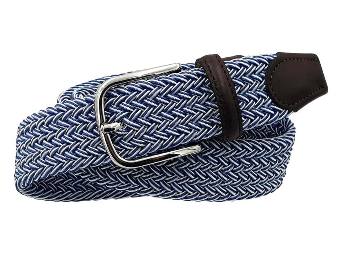 Cintura elastica intrecciata 3,5 cm con finiture in Pelle e fibbia anallergica - Avio / Bianco