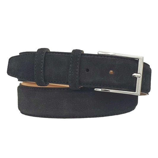 Cintura Uomo 3,5 cm in Pelle Scamosciata , fodera in pelle e fibbia anallergica - Nero