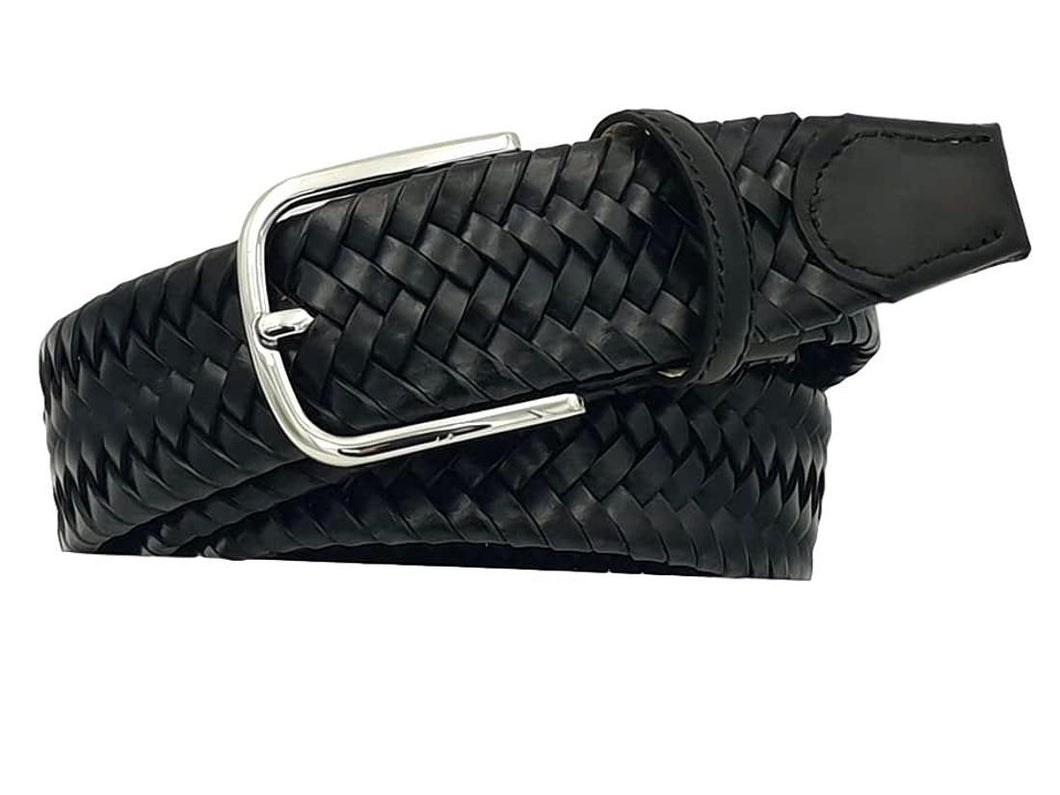 Cintura elasticizzata in vero cuoio intrecciato altezza 3,5 cm con fibbia anallergica - Nero