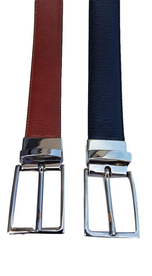 Cintura 3,5 cm Double Face  in vera pelle con fibbia anallergica Girevole - Nero/Cuoio