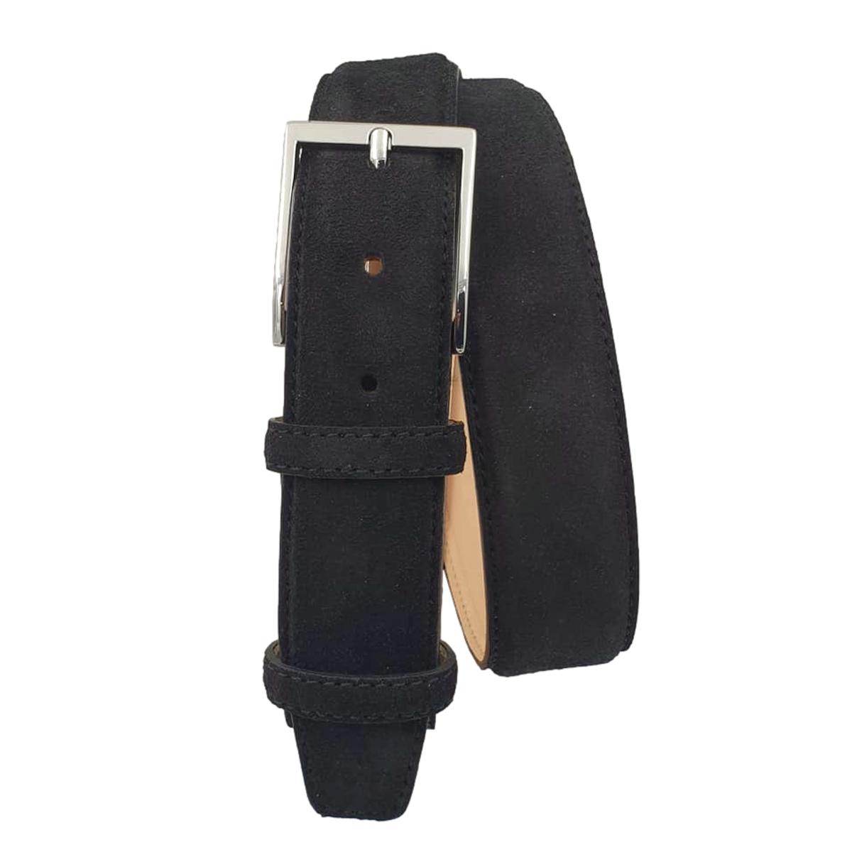 Cintura Uomo 3,5 cm in Pelle Scamosciata , fodera in pelle e fibbia anallergica - Nero