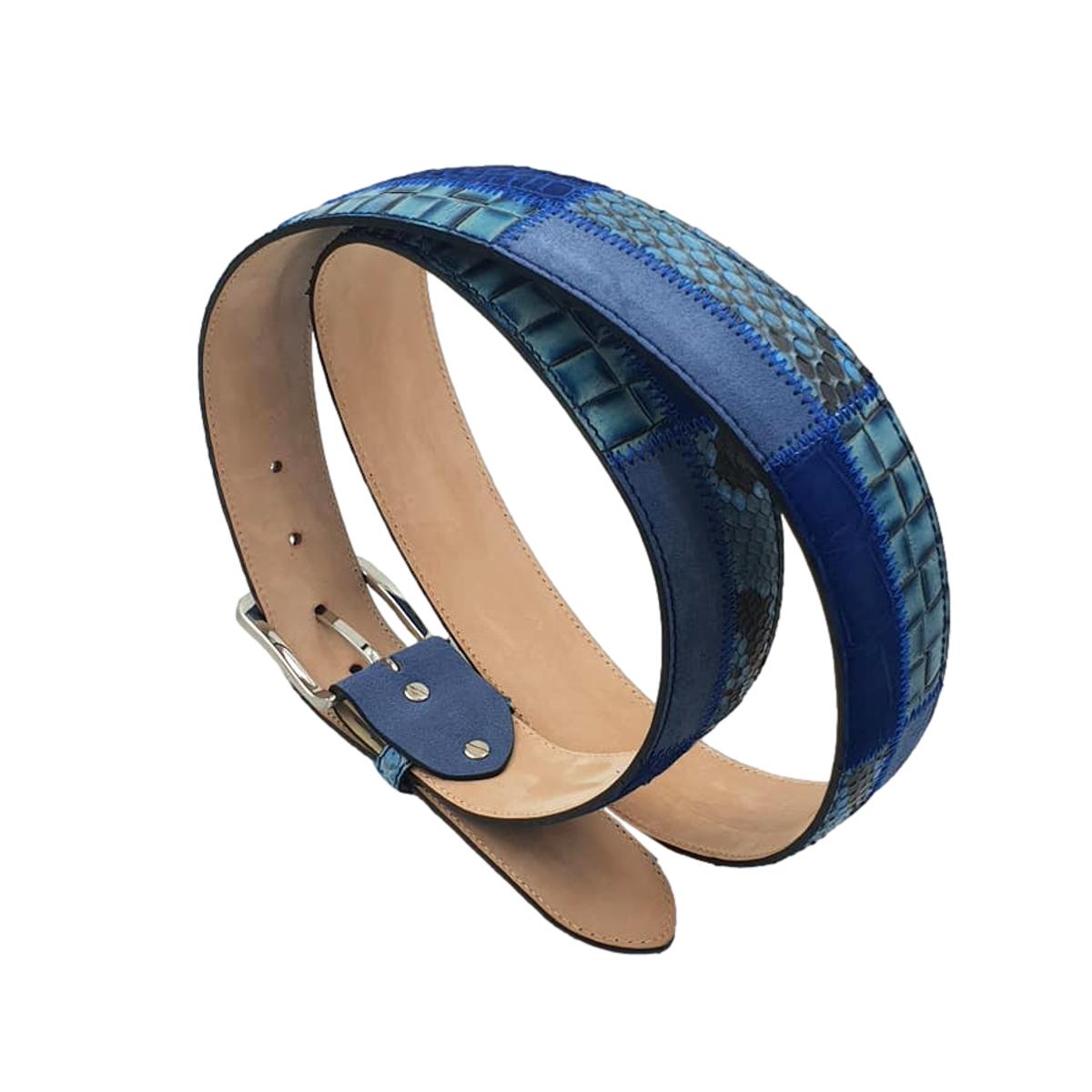 Cintura 4 cm in pelli Esotiche e Fibbia Vintage anallergica - Azzurro/Blu