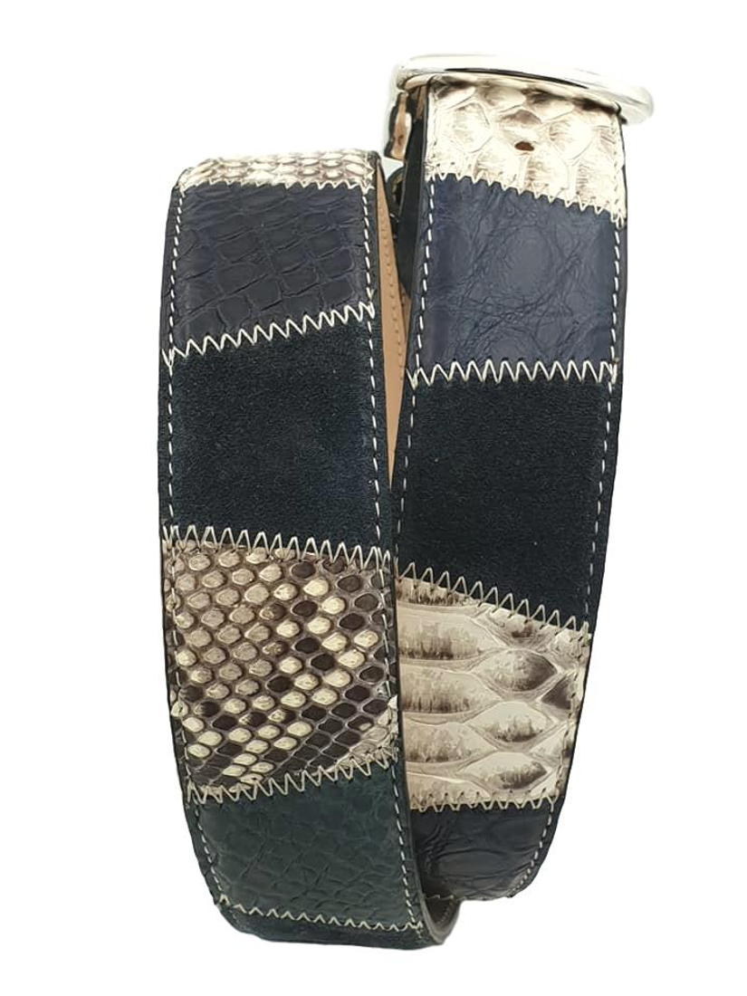 Cintura Blu 4 cm in Vero pitone , vero coccodrillo e pelle scamosciata con fibbia Nichel free - ESPERANTOBELTS