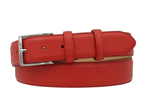 Cintura 3,5 cm in vera pelle stampata Saffiano Rosso con fodera in pelle e fibbia anallergica