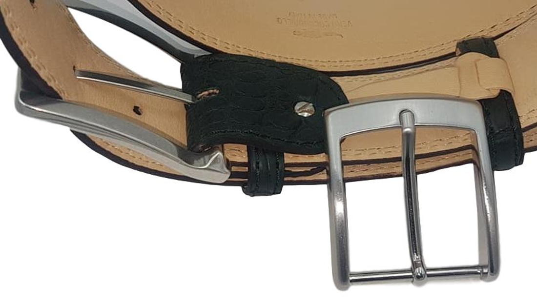 Cintura 4 cm in Coccodrillo Verde Opacizzato con fodera nabuk, doppia cucitura e fibbia Nichel free - ESPERANTOBELTS