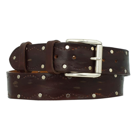 Cintura 4 cm in Cuoio colore Rum abrasivato con borchie metalliche, fibbia Argento vecchio