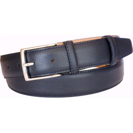 Cintura 3,5 cm in vera pelle stampata Saffiano Blu con fodera Nabuk e fibbia anallergica