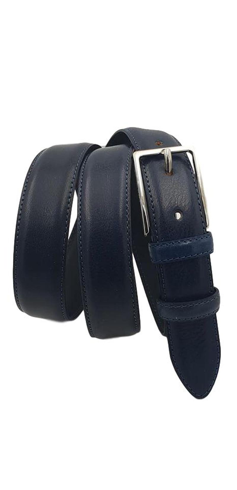 Cintura 3 cm in morbido vitello con fodera in pelle e doppio passante - Blu