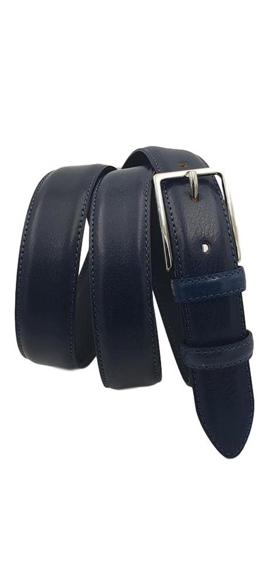 Cintura 3 cm in morbido vitello con fodera in pelle e doppio passante - Blu