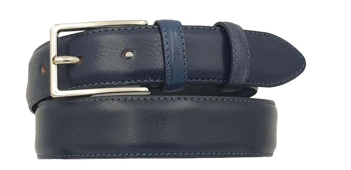 Cintura 3 cm in morbido vitello con fodera in pelle e doppio passante - Blu