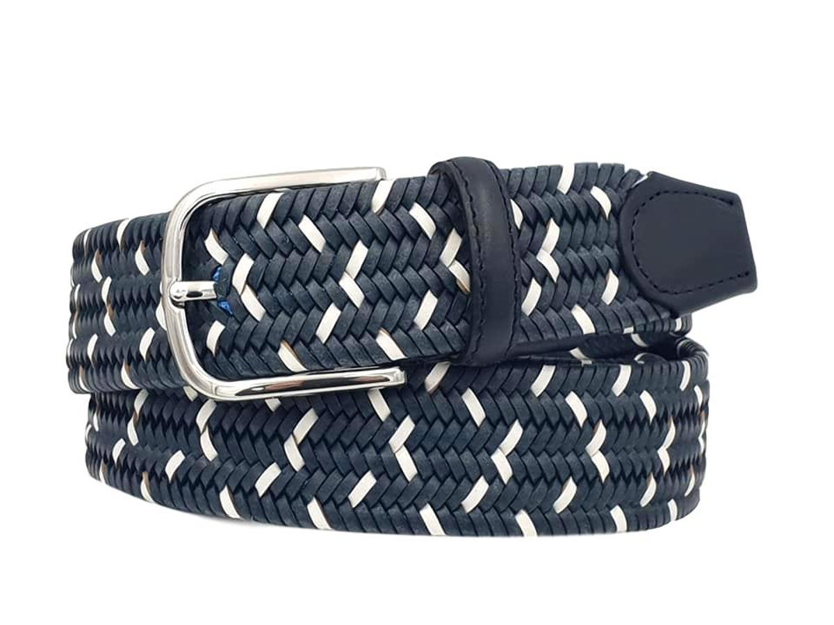 Cintura elastica in vera pelle intrecciata altezza 3 ,5 con fibbia anallergica - Blu Pavone
