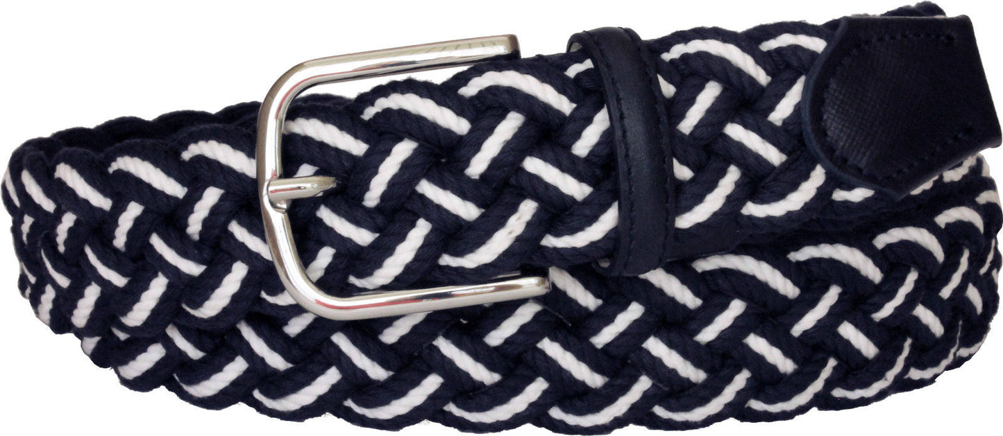 Cintura Bicolore 3,5 cm Leggera intrecciata in cotone con finiture in pelle - Blu/Bianco - ESPERANTOBELTS