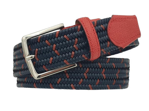 Cintura elastica in vera pelle intrecciata altezza 3 ,5 con fibbia anallergica - Blu/Arancio