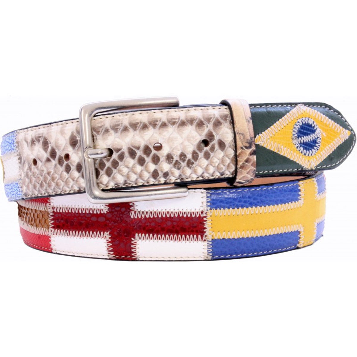Cintura 4 cm multicolore in Pitone e struzzo con fantasia di bandiere del mondo, fibbia anallergica