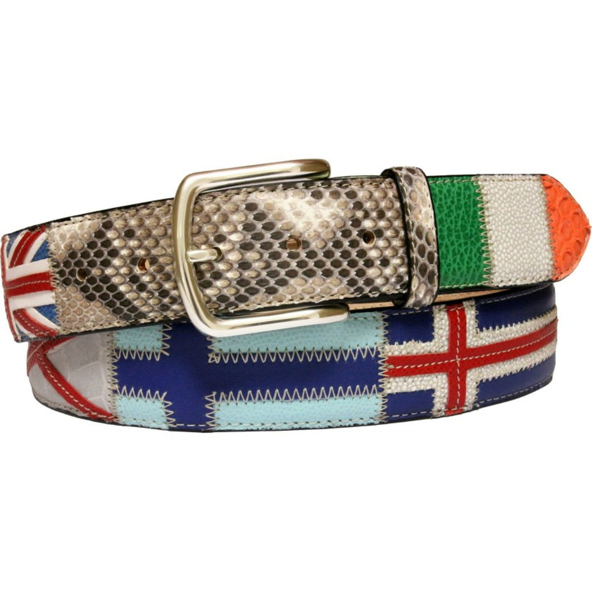 Cintura 4 cm In Pitone e struzzo con fantasia di bandiere Nord Europa , nichel free - ESPERANTOBELTS