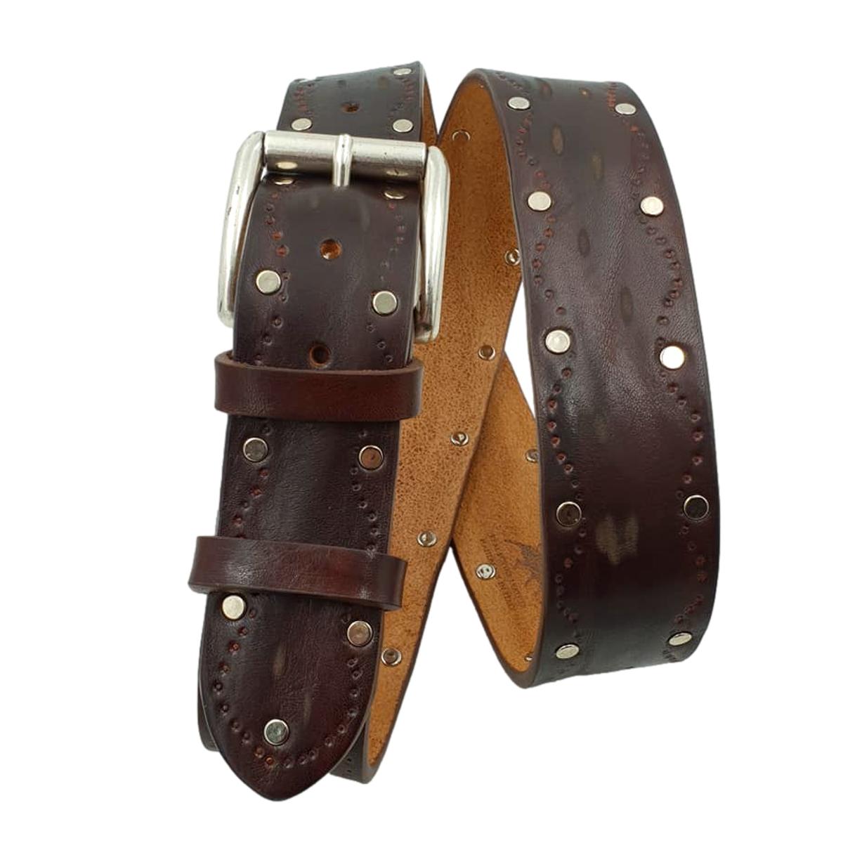 Cintura 4 cm in Cuoio colore Rum abrasivato con borchie metalliche, fibbia Argento vecchio