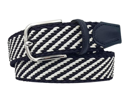 Cintura Piatta elastica intrecciata 3,5 cm con finiture in Pelle e fibbia anallergica - Blu / Bianco