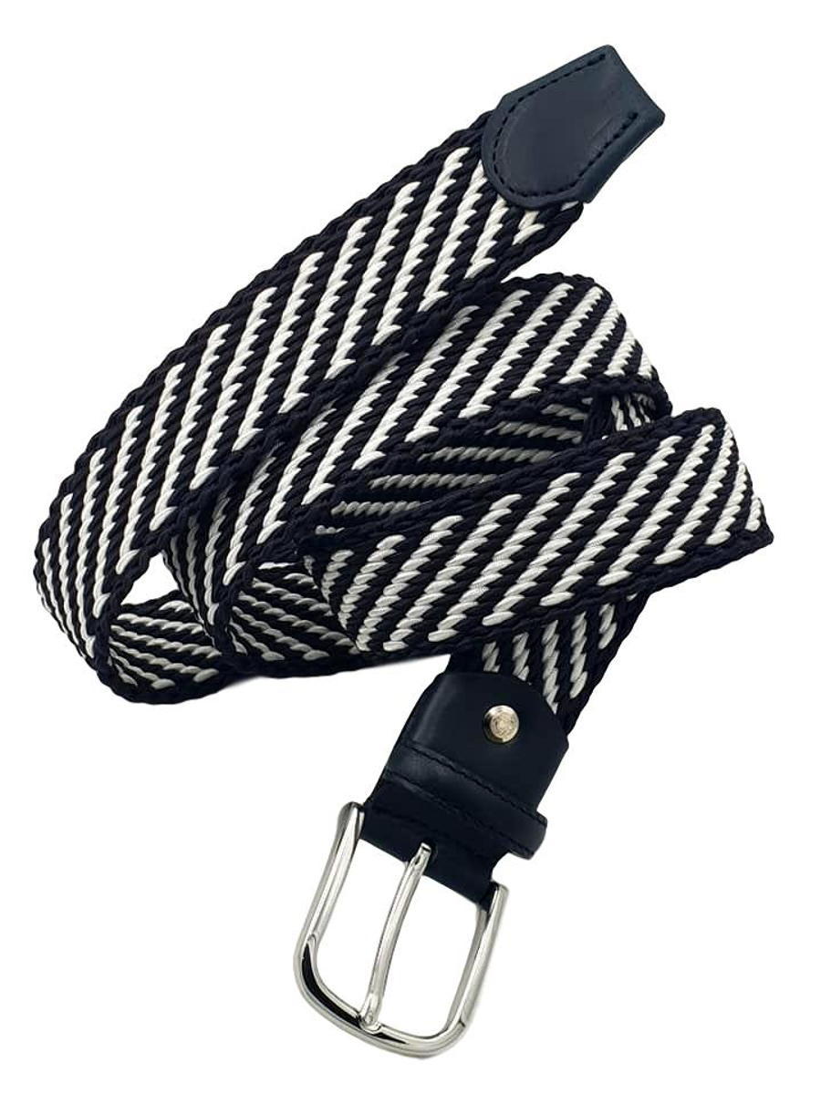 Cintura Piatta elastica intrecciata 3,5 cm con finiture in Pelle e fibbia anallergica - Blu / Bianco